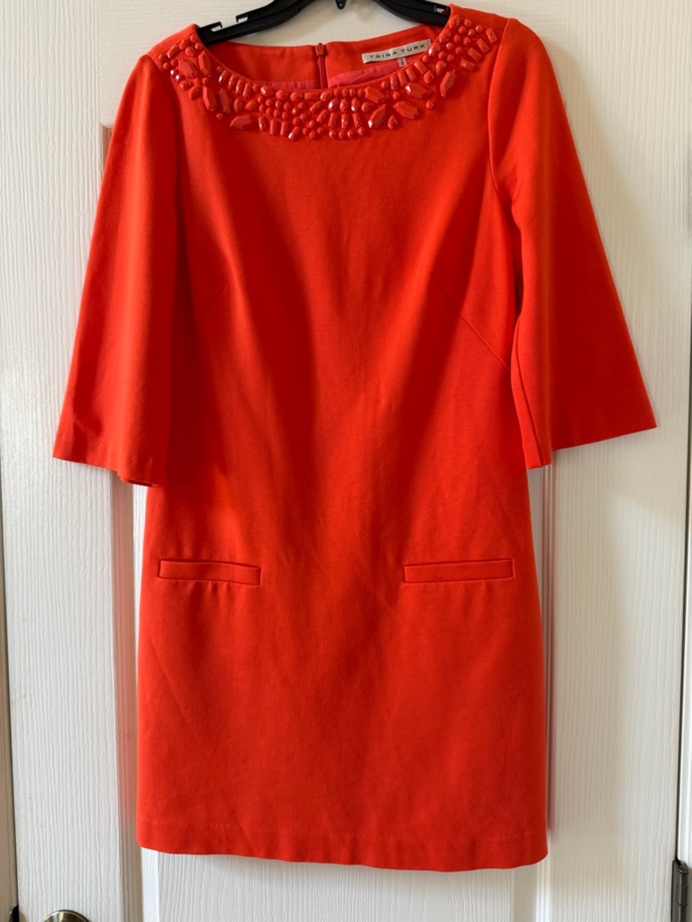 Trina Turk Red-Orange Beaded Neck Shift Dress